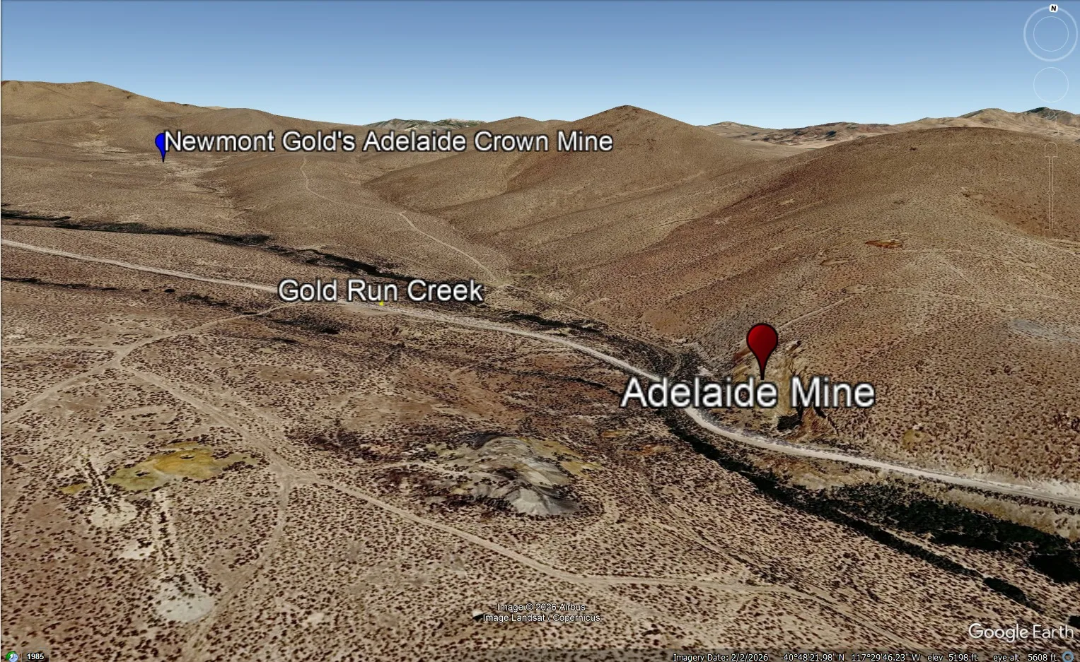 Google Earth aerial view of Adelaide Mine in Gold Run Creek showing proximity to Newmont Gold's Adelaide Crown Mine