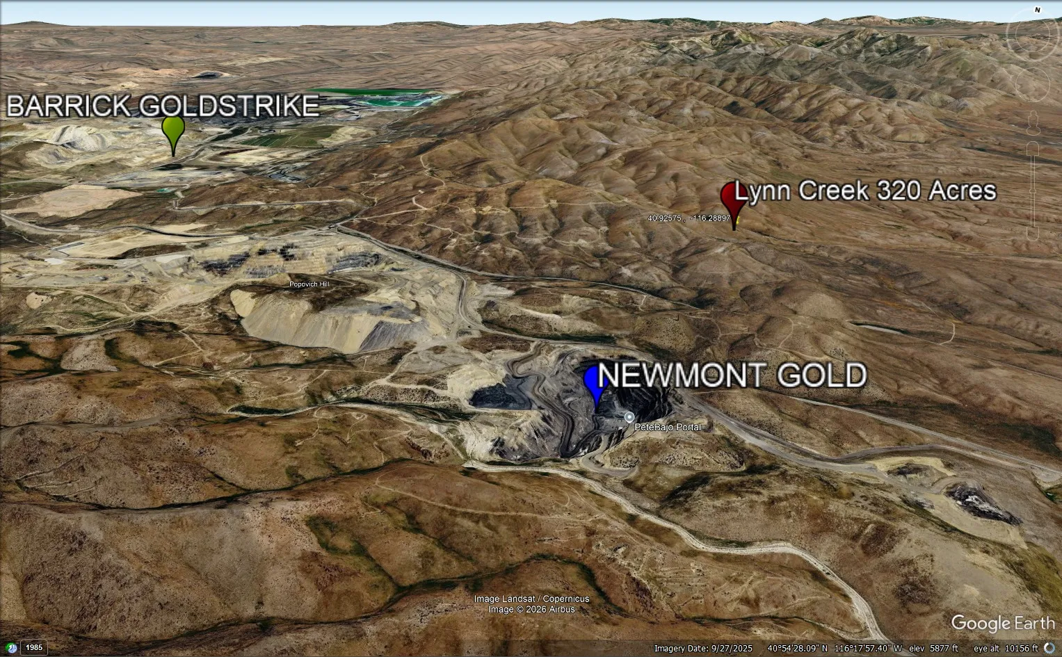 Google Earth aerial view of Lynn Creek 320 Acres showing proximity to Newmont Gold and Barrick Goldstrike operations